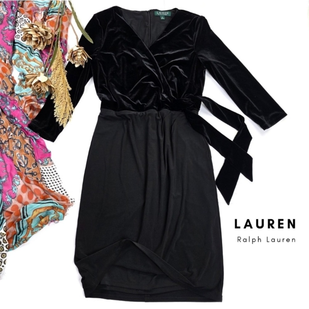 Lauren Ralph Lauren Black velvet faux wrap bodice satin skirt formal Dress Sz 8‎